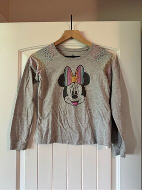 Disney Minnie Mouse Girls' Gray Long-Sleeve Top with Rainbow Bow